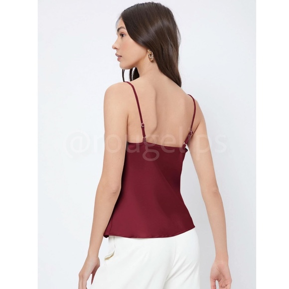 Burgundy Glamorous Cowl Neck Spaghetti Straps Camisole Top Cami, Draped - Picture 6 of 10